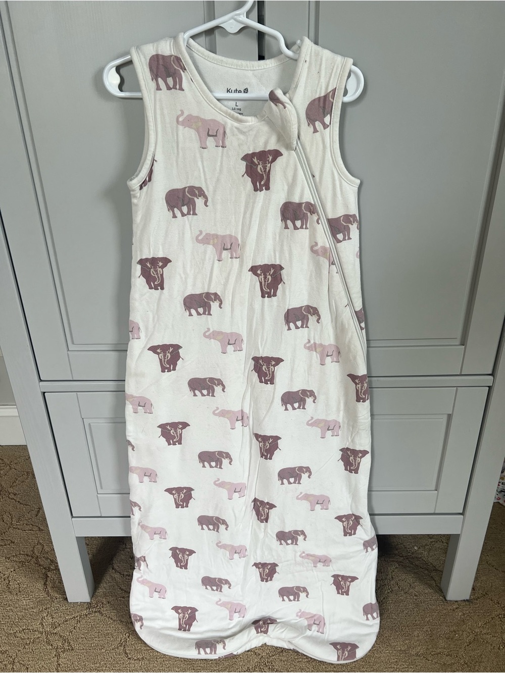 Kyte BABY White Sleep Sack with Pink and Mauve Elephant Print